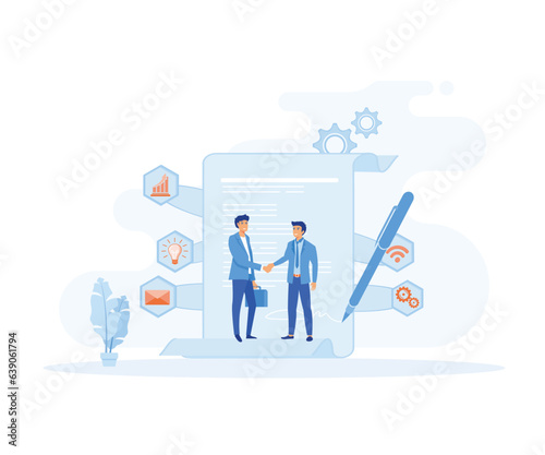 Concept business Appointment. Business people stand on a signed contract and shake hand. flat vector modern illustration 