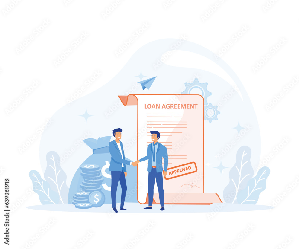 personal loan or financial support concept. Businessman shaking hand with loan agreement and money bag.  flat vector modern illustration 