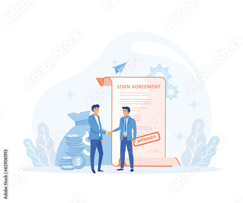 personal loan or financial support concept. Businessman shaking hand with loan agreement and money bag. flat vector modern illustration 