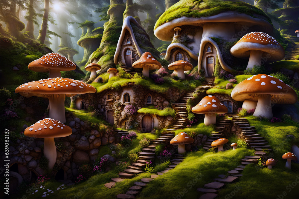 Φωτογραφία a fantasy style storybook fairytale tiny mushroom village surrounded by moss in