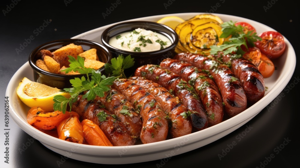 Image of grilled sausages with various additives on a plate. Image of grilled sausages with various additives on a plate.