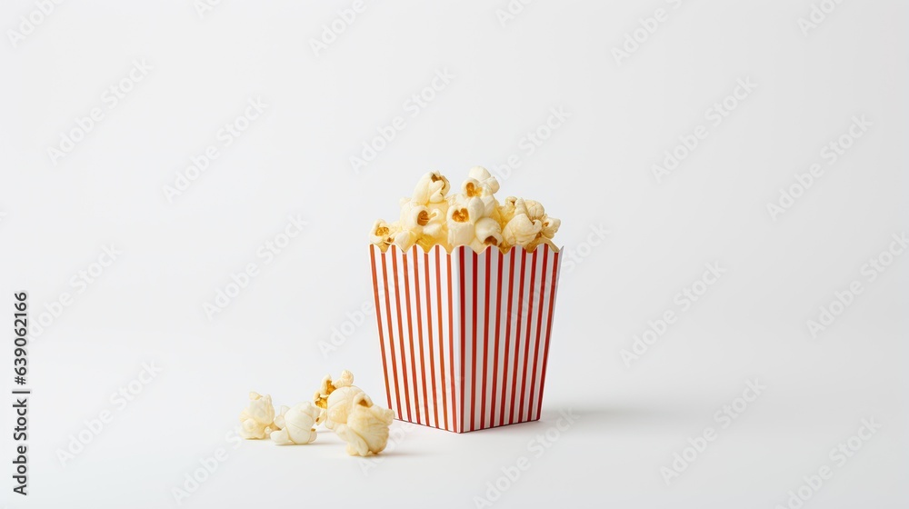 Image of a popcorn box with a handful of popcorn on a white background.