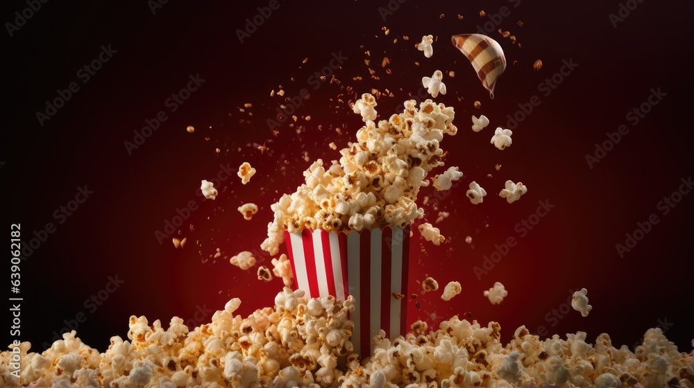 Image of a pile of popcorn overflowing from a popcorn bag in vintage style on a red background.