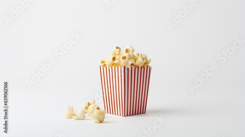 Image of a popcorn box with a handful of popcorn on a white background.