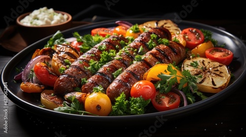 Image of grilled sausages with various additives on a plate.