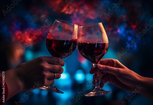 an image of two people drinking in a bar with red wine glasses in a dark room, in the style of bokeh, dark sky-blue and violet, spontaneous gesture, sky-blue and crimson, street scenes