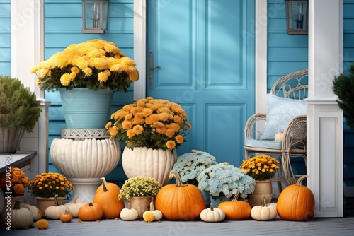 Festive porch adorned with pumpkins and flowers for Halloween. Blue doors, steps, inviting entrance.. ai generation