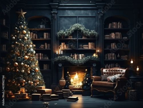 interior christmas. magic glowing tree, gifts in dark background 