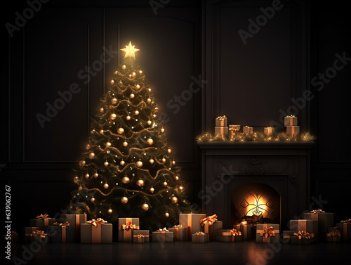 interior christmas. magic glowing tree, gifts in dark background 