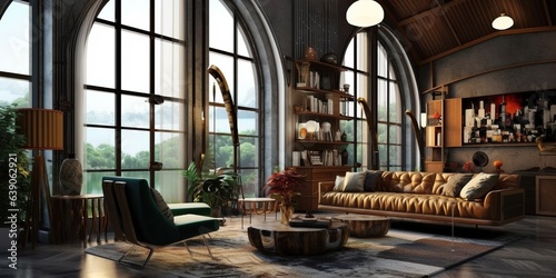 Living room decor  home interior design. Art Deco Contemporary style with Large Window decorated