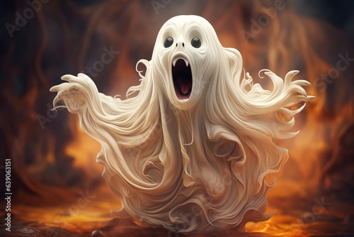 Spooky Halloween ghost shrieking  white specter in flight. Sinister grin displayed.. ai generation