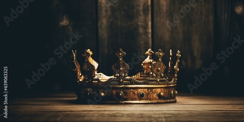 Low key image of beautiful queen king crown over wooden table Fototapet