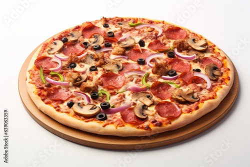 Round pizza from Italy displayed on a white isolated background.. ai generation