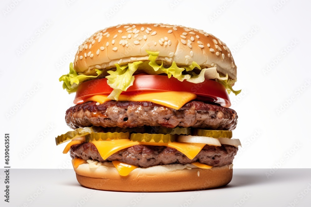 Juicy double cheeseburger with on white background.. ai generation Juicy double cheeseburger with on white background.. ai generation