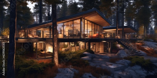 Luxurious scandinavian nordic home in the forest in evening scene.