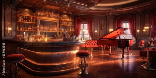 Luxury bar room with a grand piano, in the style of nostalgic scenes. photo