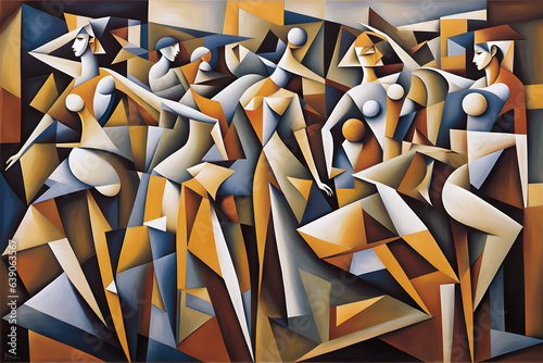 cubist style abstract painting of a group of female dancers in performance