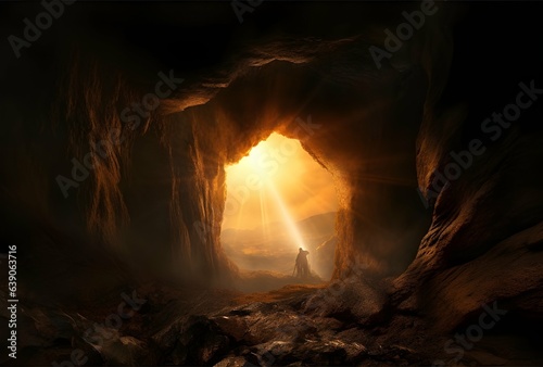 four pictures of different caves opening out to light, in the style of hyperrealistic fantasy, detailed character illustrations, 8k resolution, dark white and amber, biblical themes, bold landscapes, 