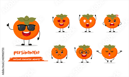 cute persimmon cartoon with many expressions. fruit different activity pose vector illustration flat design set with sunglasses.