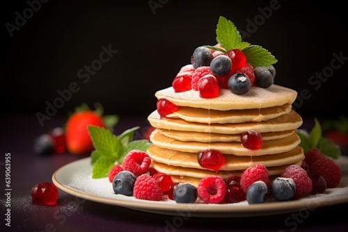 Beautiful juicy fresh pancakes with sauce and berries. ai generation