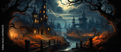Happy Halloween background spooky scene, creepy dark night with moon, pumpkins and spooky trees on graveyard ghosts horror gothic evil cemetery landscape. Mysterious night moonlight backdrop.