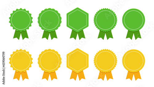 Medal set with ribbon. Green and yellow award badges. Achievement label. Vector sale badges collection in flat style