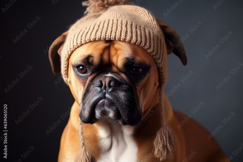 Dog in a knitted cap indoors ready to go to walk. Generative AI