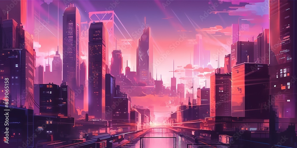 Modern neo city illustration in pink colors with an anime style, generative ai technology