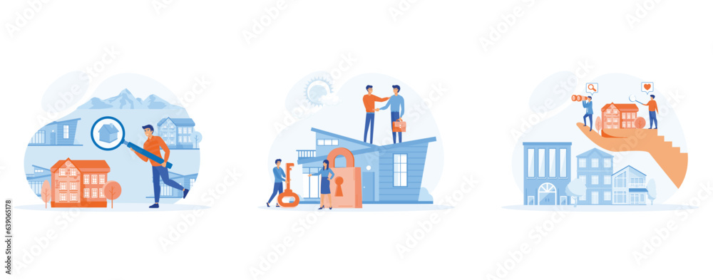 Business concept, investment opportunity,  real estate and turnkey rental, Real estate search, set flat vector modern illustration