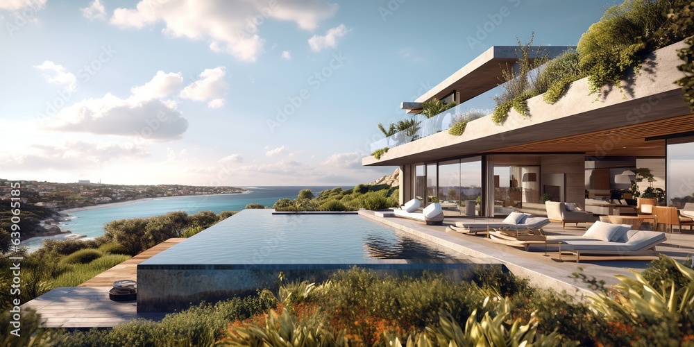 Modern patio and infinity pool overlooking ocean