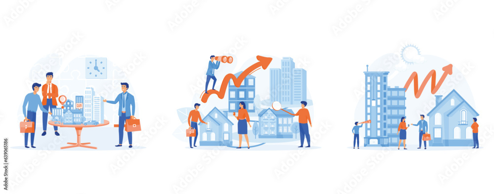 business real estate investment. group investor meeting,  rising real estate market,  presentation of a house. set flat vector modern illustration 