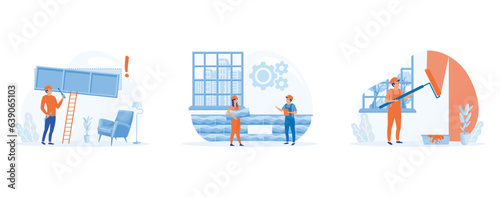 Home renovation concept, workers doing indoor maintenance, set flat vector modern illustration 