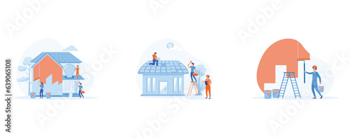Home renovation workers. Repairman team building house, Workers repairing roof. painting wall. set flat vector modern illustration 