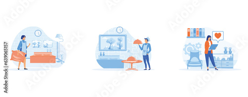 Hotel jobs concept, cleaning lady, room service, hotel management, set flat vector modern illustration