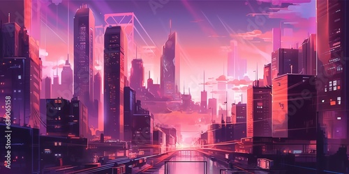 Modern neo city illustration in pink colors with an anime style, generative ai technology