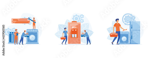Repair and maintenance concept.Electrician, mechanic or repairer at work. Happy servicemen repairing machines at home. set flat vector modern illustration