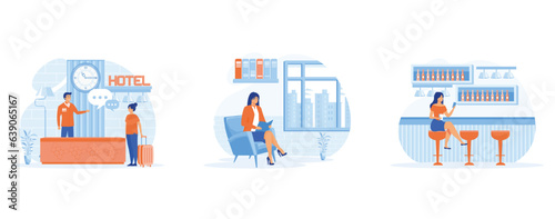 Hotel services for business  concept, Hotel accommodation, business lobby, hotel lobby bar, set flat vector modern illustration