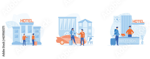 Hotel service, Smiling doorman welcoming guest, valet parking worker gets keys from clients car, receptionist provide information to people, set flat vector modern illustration 