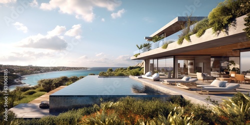 Modern patio and infinity pool overlooking ocean © Coosh448