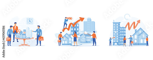 business real estate investment. group investor meeting,  rising real estate market,  presentation of a house. set flat vector modern illustration 