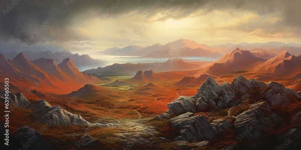 Mountain landscape in morning light panoramic view