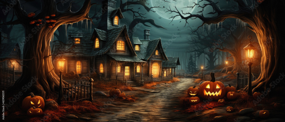 Happy Halloween background spooky scene, creepy dark night with moon, pumpkins and spooky trees on graveyard ghosts horror gothic evil cemetery landscape. Mysterious night moonlight backdrop. Happy Halloween background spooky scene, creepy dark night with moon, pumpkins and spooky trees on graveyard ghosts horror gothic evil cemetery landscape. Mysterious night moonlight backdrop.