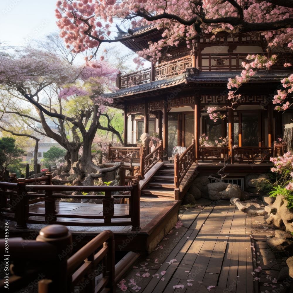  A cherry blossom park in a traditional tea house 
