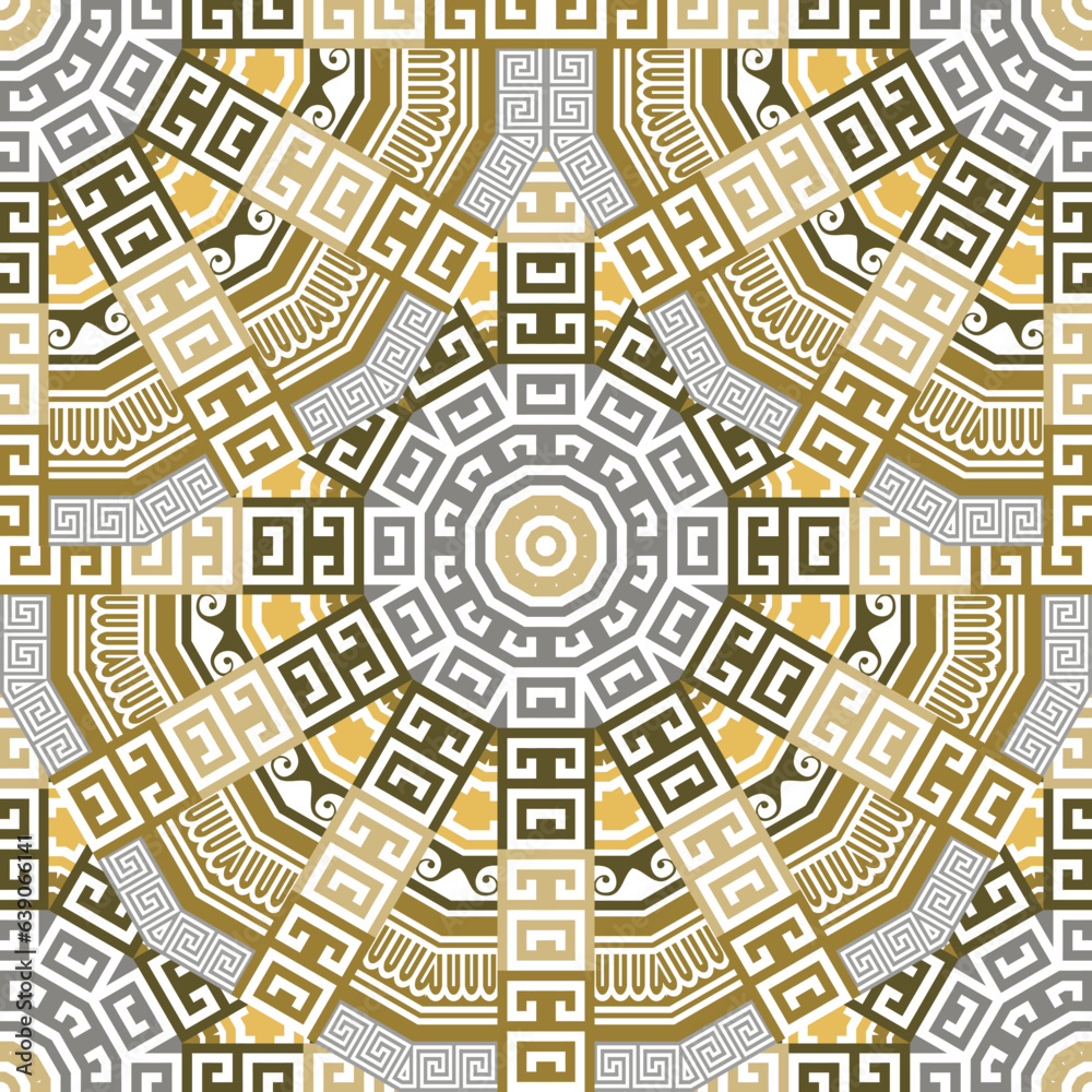 Greek tiled round radial mandalas seamless pattern. Colorful greek vector background. Beautiful ethnic style Deco ornaments. Repeat backdrop. Ornamental circles with greek meanders. Endless texture Greek tiled round radial mandalas seamless pattern. Colorful greek vector background. Beautiful ethnic style Deco ornaments. Repeat backdrop. Ornamental circles with greek meanders. Endless texture