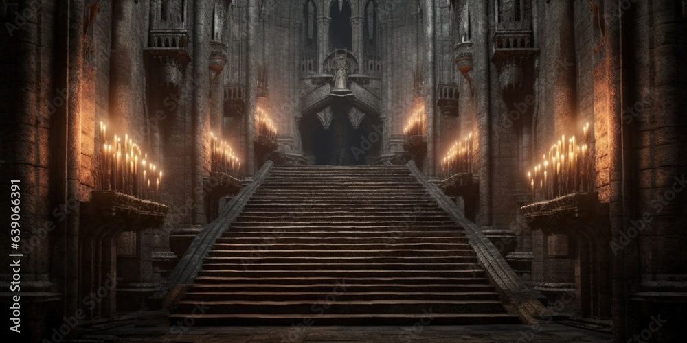 Ominous, stone - walled, torches, night, darkness stair - accessible medieval castle dungeon symmetry