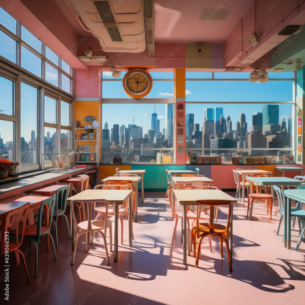  A city skyline in a colorful classroom abstract neon 
