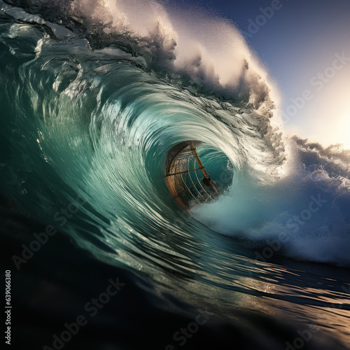 A giant blue wave over a brown wooden boat. surfers 