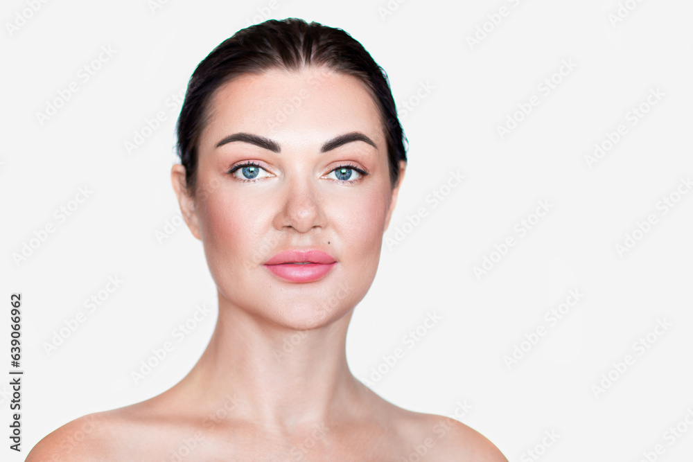 Beautiful girl, woman. Portrait. Collected hair. Beauty photo. Clean skin. light background. Straight view Beautiful girl, woman. Portrait. Collected hair. Beauty photo. Clean skin. light background. Straight view