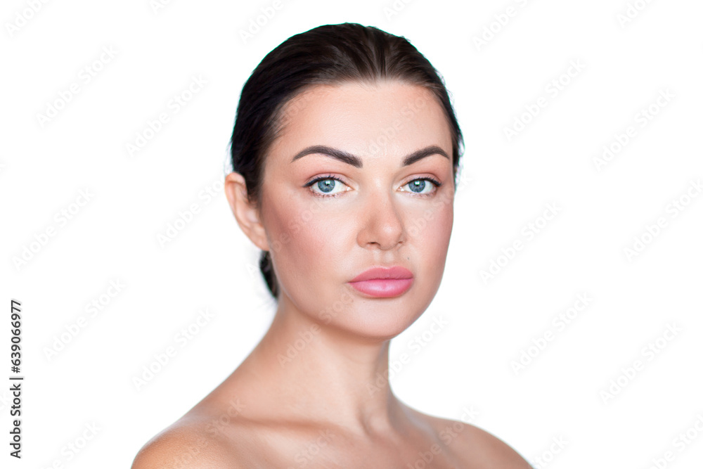 Beautiful girl, woman. Portrait. Collected hair. Beauty photo. Clean skin. isolated white background. Looking at the camera Beautiful girl, woman. Portrait. Collected hair. Beauty photo. Clean skin. isolated white background. Looking at the camera