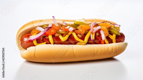 Appetizing hot dog with all ingredients on a white background.